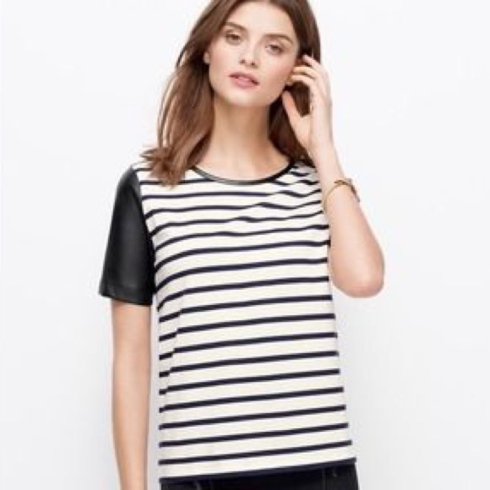 Ann Taylor striped top with leather sleeves